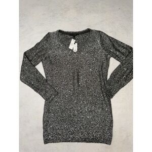NWT WHBM Gray Heathered Knit Sequin Embellished V Neck Sweater Tunic Size M